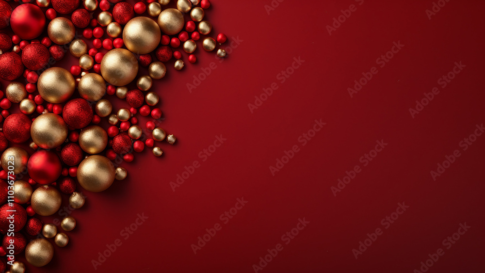 Christmas ornaments, red and gold, on a burgundy background. Festive holiday backdrop. Christmas ornaments, red and gold, on a burgundy background. Festive holiday backdrop.