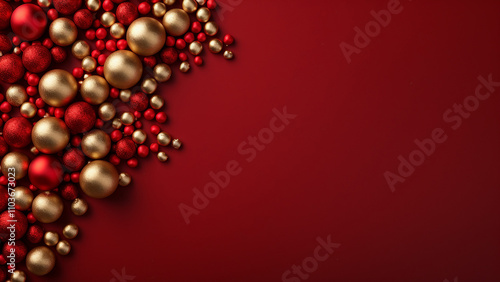 Christmas ornaments, red and gold, on a burgundy background. Festive holiday backdrop.