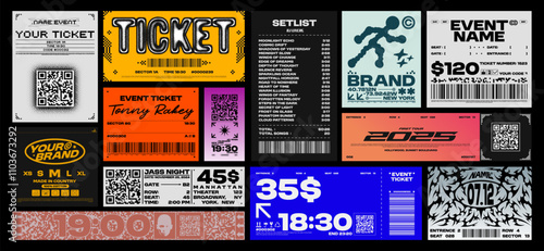 Brutalism label design pack. Futuristic assets for streetwear, event tickets and apparel branding, elements for music events. Retro Y2K and glitchcore aesthetics. Vector set photo