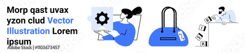Three individuals carrying out diverse activities one analyzing a gear icon, another holding a bag, and a third stacking blocks. Ideal for teamwork, productivity, organization, education, technology