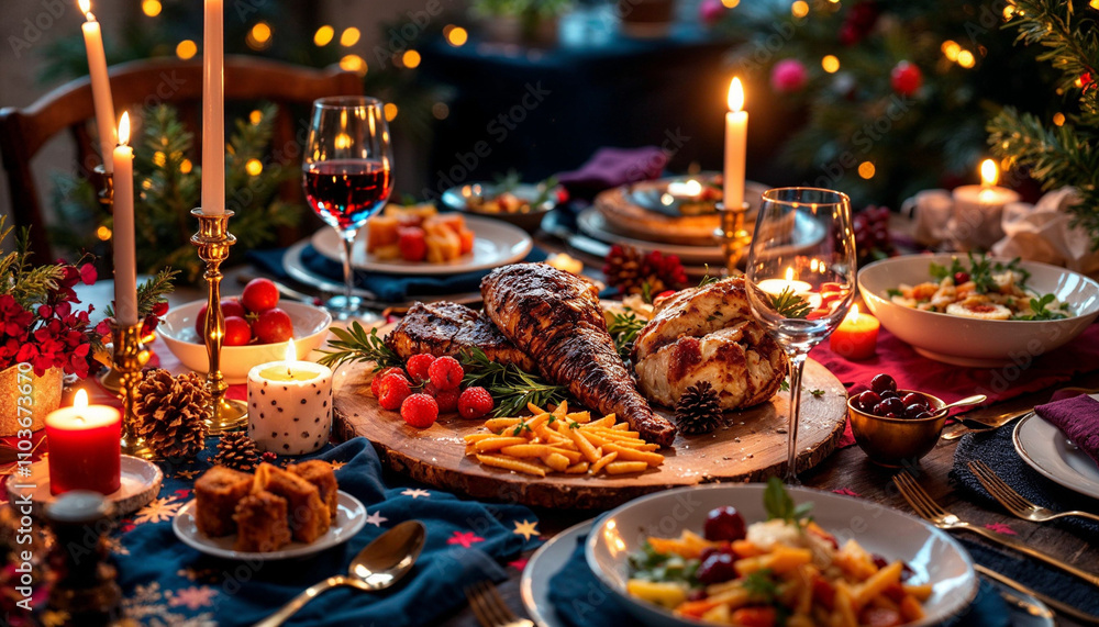 A festive New Year's dinner table with colorful decorations, delicious food, and candles. A festive New Year's dinner table with colorful decorations, delicious food, and candles.