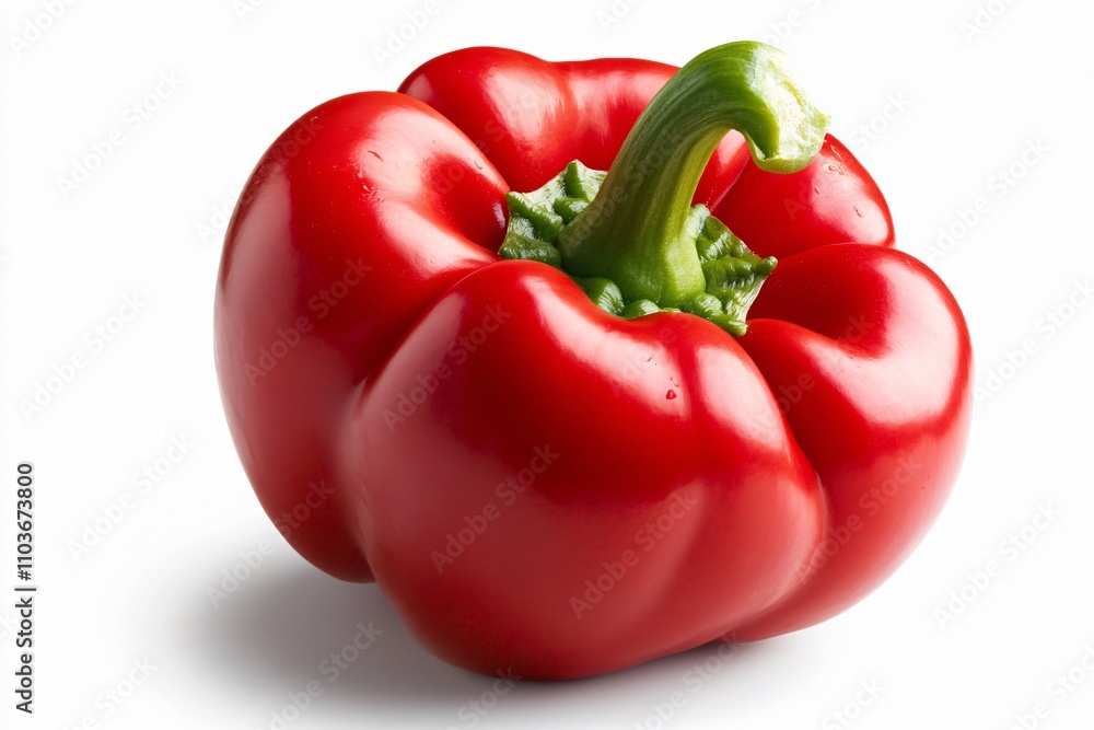 Fresh red bell pepper with green stem on white background. Bright organic vegetable, healthy ingredient for cooking. Natural produce for food menu, recipe design and grocery advertising Fresh red bell pepper with green stem on white background. Bright organic vegetable, healthy ingredient for cooking. Natural produce for food menu, recipe design and grocery advertising