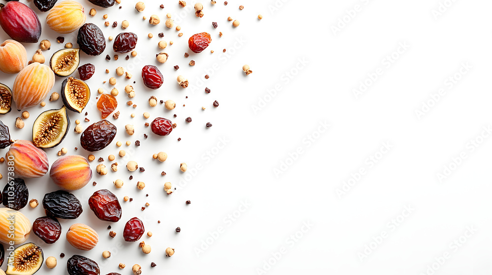 Assorted dried fruits and seeds arranged on a white background, creating a vibrant and healthy border. Perfect for food blogs, healthy eating content, or recipe websites. Assorted dried fruits and seeds arranged on a white background, creating a vibrant and healthy border. Perfect for food blogs, healthy eating content, or recipe websites.