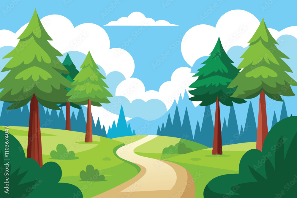 Obraz premium Forest Green Vector Illustration - Scenic Nature Clearing with Trees for Peaceful and Eco-Friendly Designs
