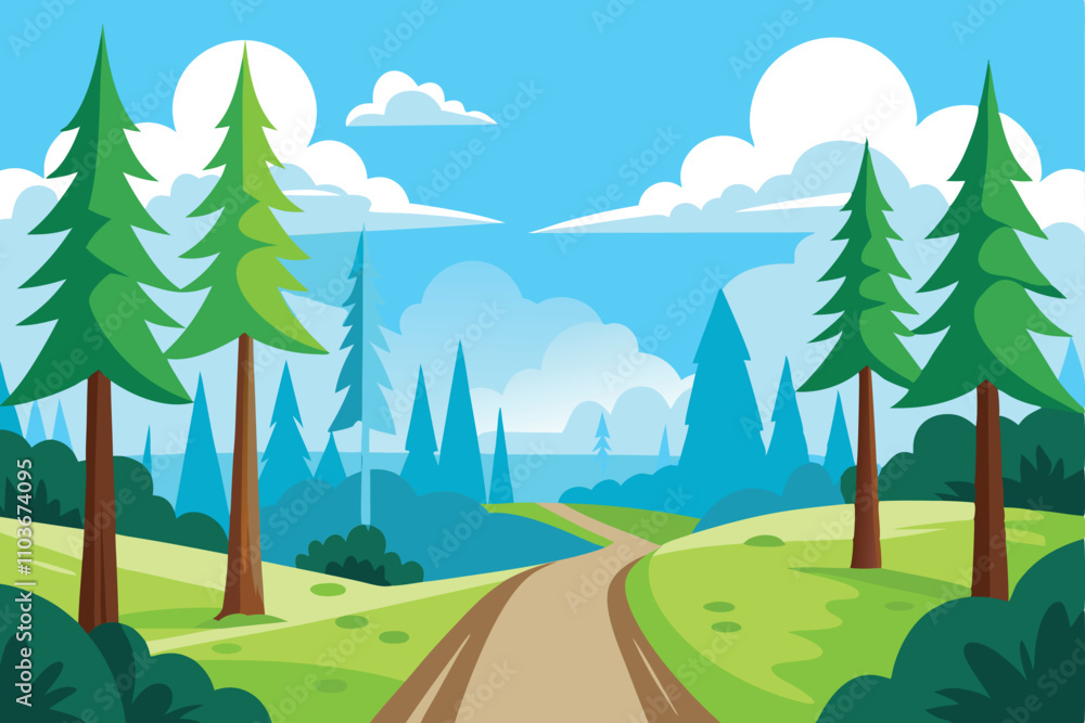 Obraz premium Forest Green Vector Illustration - Scenic Nature Clearing with Trees for Peaceful and Eco-Friendly Designs