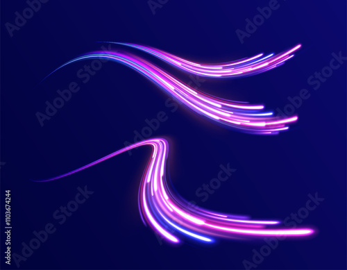 Magic bright shine glow of energy lines, shiny swirl power waves flow, electric trail glowing in dark. Abstract neon light motorway background. Light arc in neon colors, in the form of a turn. 