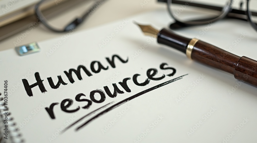 Human resources text with fountain pen and glasses on paper Human resources text with fountain pen and glasses on paper