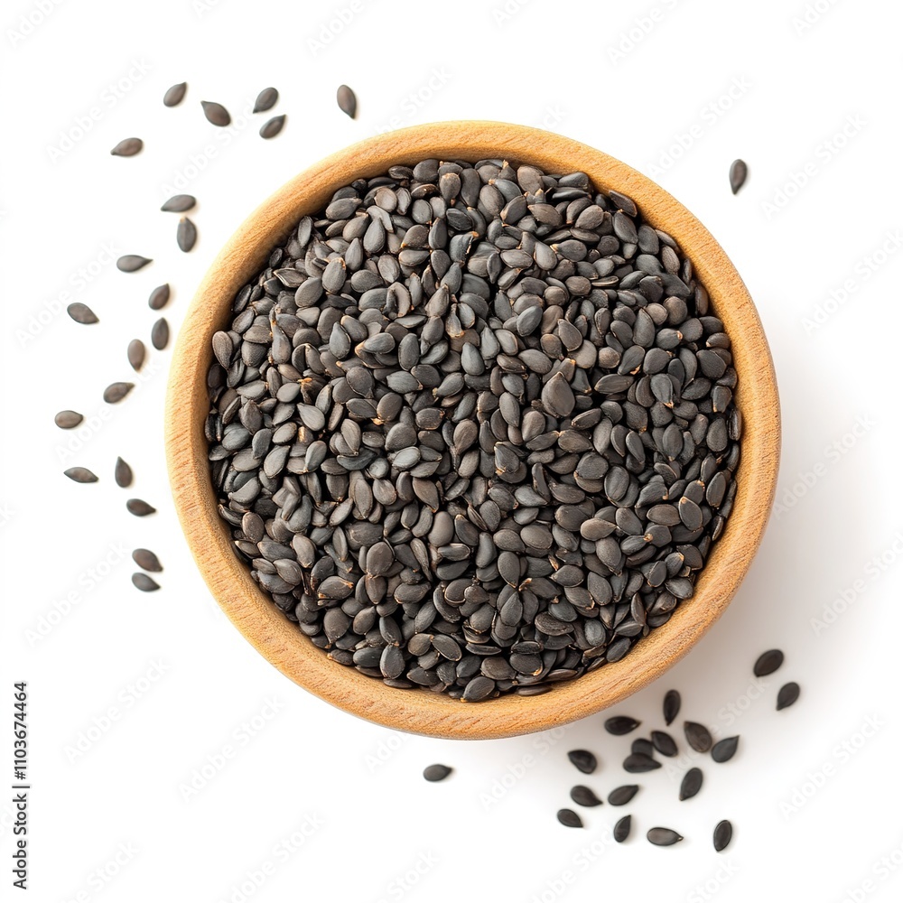 A small bowl filled with sesame seeds, placed on a clean white background, highlighting the texture and simplicity of this natural ingredient, perfect for culinary and health-related themes. A small bowl filled with sesame seeds, placed on a clean white background, highlighting the texture and simplicity of this natural ingredient, perfect for culinary and health-related themes.