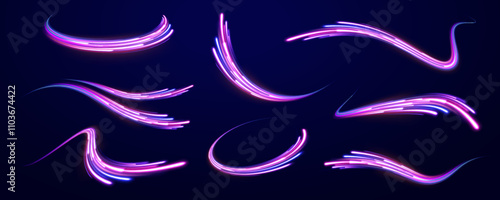 Creative vector illustration of flying cosmic meteor, planetoid, comet, fireball isolated on transparent background. Effect, png, wave,neon,line. Light arc in neon colors, in the form of a turn.