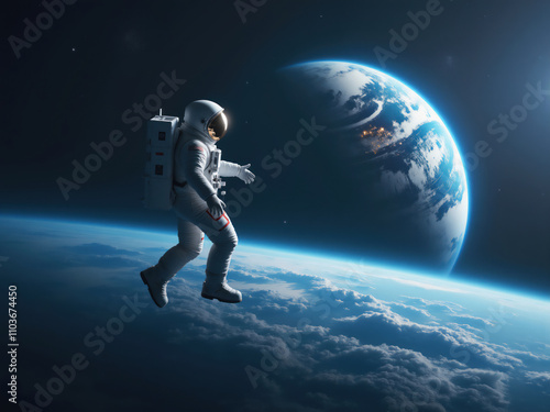 Obraz na płótnie Astronaut performing spacewalk with planet earth in view w salonie
