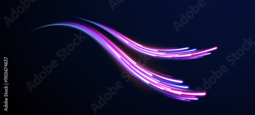  Light arc in neon colors, in the form of a turn. Creative vector illustration of flying cosmic meteor, planetoid, comet, fireball isolated on transparent background. Effect, png, wave,neon,line.
