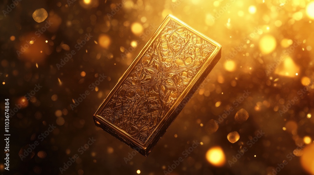 Floating gold bar with intricate Arabic motifs in the background, bathed in golden light and subtle bokeh. Floating gold bar with intricate Arabic motifs in the background, bathed in golden light and subtle bokeh.