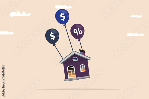 Floating house with dollar sign balloon vector illustration design background