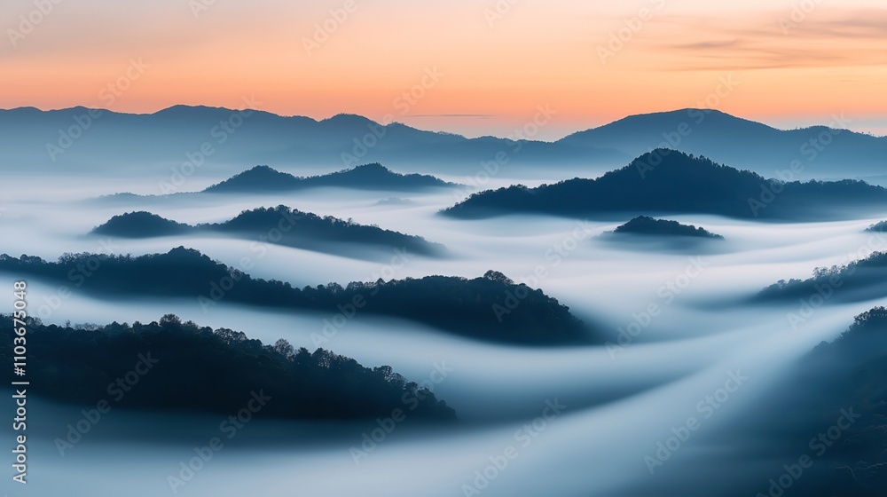 Fototapeta premium Mountain landscape with misty valleys and rolling hills at sunrise, showcasing layers of fog and silhouetted peaks against a colorful sky.