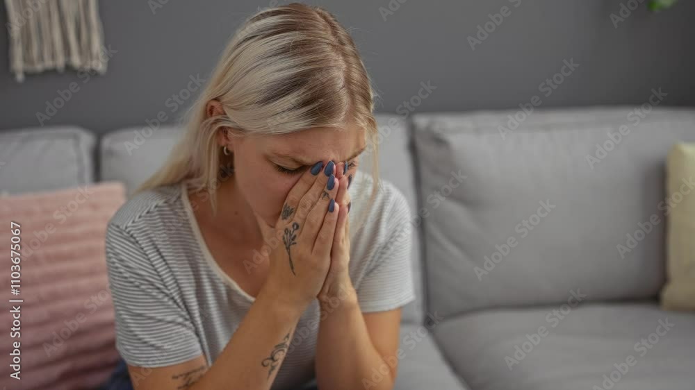 Young woman with blonde hair and tattoos sits in a living room, covering her face with her hands and showing a distressed expression, surrounded by pillows and a gray couch in a modern home Young woman with blonde hair and tattoos sits in a living room, covering her face with her hands and showing a distressed expression, surrounded by pillows and a gray couch in a modern home