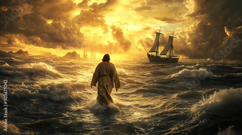 Faith, Miracles, WalkingOnWater, StormySeas, DivineIntervention, ReligiousArt, SpiritualJourney, OceanStorm, FaithInDarkness, BiblicalArt, ChristianArt, JesusWalkingOnWater, TrustInGod, EpicScenery photo