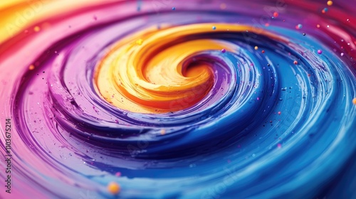 Vibrant 3D abstract brush stroke with colorful paint splashes forming a dynamic spiral pattern featuring hues of blue, purple, yellow, and artistic splatters.