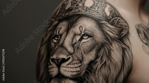 Detailed Tattoo of a Regal Lion with a Crown Showcasing Intricate Shading and Realistic Features on the Shoulder photo