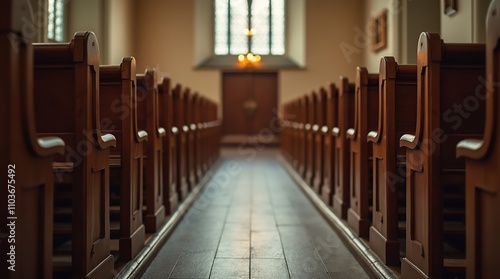 Empty wooden pews inside a peaceful church interior