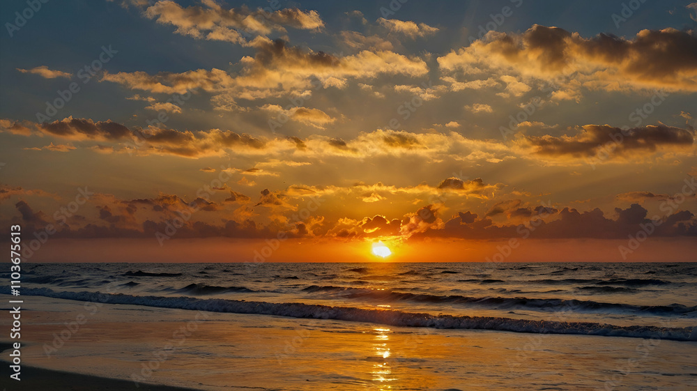 Naklejka premium sunset, sunrising, twilight, morning, beach, dawn, golden, daybreak, beach, clouds, sky, sunflowers, water, river