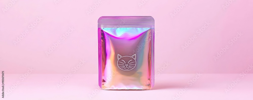 Futuristic metallic pouch packaging for cat food, showcasing a holographic finish, abstract line art, and a sleek cat face emblem Futuristic metallic pouch packaging for cat food, showcasing a holographic finish, abstract line art, and a sleek cat face emblem
