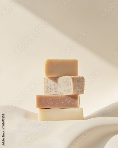 A minimalist still life photograph of five different types of soap, stacked on top of each other in the center of an off-white background. The lighting is soft and diffused with gentle shadows to high photo