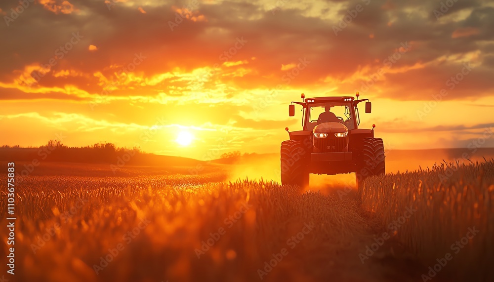 Fototapeta premium A tractor harvesting wheat in a sunlit field at sunset, with warm light enveloping the scene, creating a nostalgic and tranquil moment of agricultural work