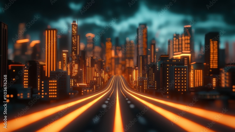 Fototapeta premium A futuristic cityscape with glowing orange lights and a highway, set against a dramatic, cloudy sky.