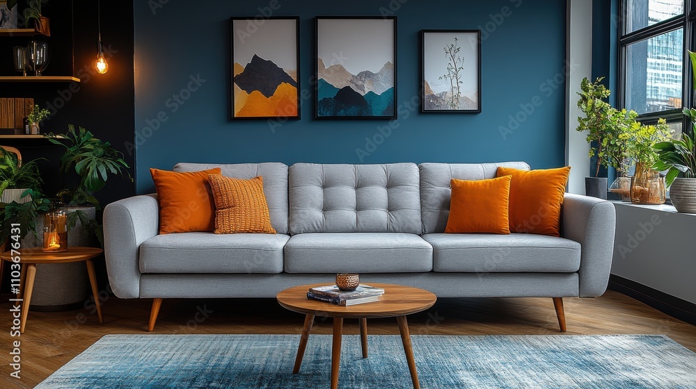 Fototapeta premium Modern Living Room with Cozy Sofa and Stylish Wall Art Decor
