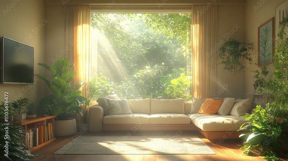Fototapeta premium Bright and Airy Living Room with Lush Green Plants and Natural Light