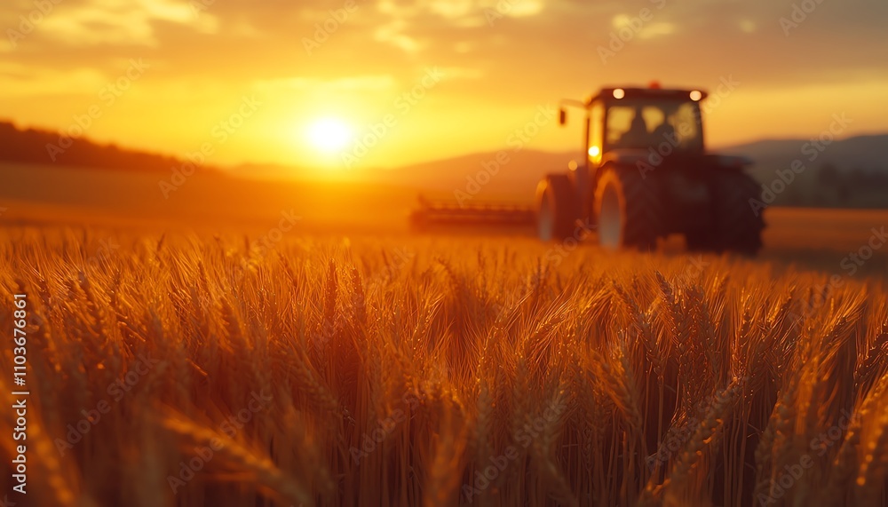 Fototapeta premium A wheat field at sunset, with a tractor in the background, harvesting golden crops under the soft, warm light of the setting sun, evoking a sense of peaceful labor