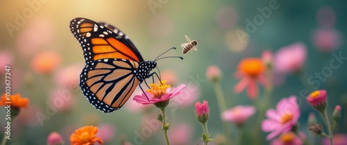 A stunning monarch butterfly gracefully flutters near a blooming flower, while a busy bee hovers nearby, both immersed in the vibrant colors of a sunlit garden. The scene captures the essence of