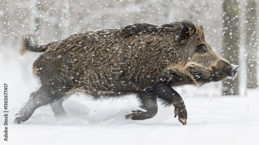 A wild boar running through a snowy landscape, showcasing its strength and agility. A wild boar running through a snowy landscape, showcasing its strength and agility.