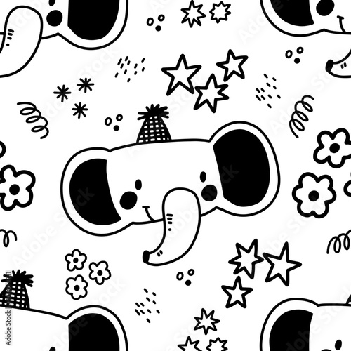 Animal birthday elephant seamless pattern. Doodle black and white animal heads and birthday hats. Confetti, sparkles, stars and flowers decor. Hand drawn kids background