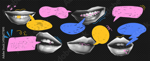 Trendy set of speech bubbles with halftone lips. Vector graphic design elements with vintage texture and hand-drawn doodles.