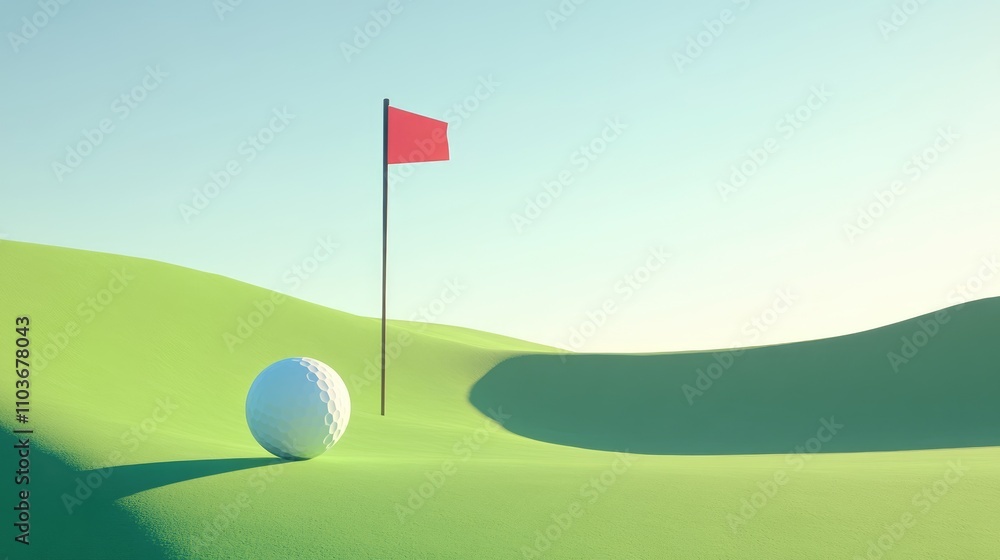 Obraz premium Golf ball approaching hole on lush green course with a bright red flag against a clear blue sky, highlighting a peaceful golfing atmosphere.