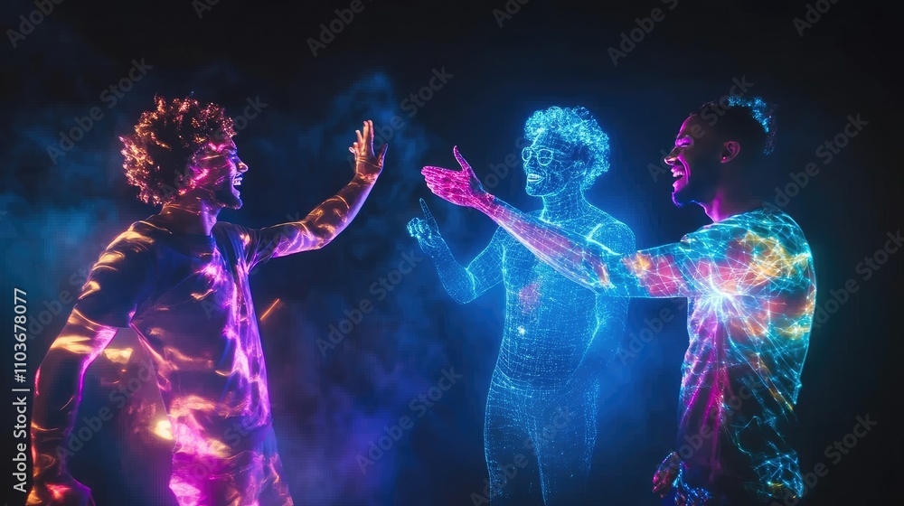 Fototapeta premium Three friends greeting with raised hands, one man's holographic transformation in progress, smiles and excitement all around.
