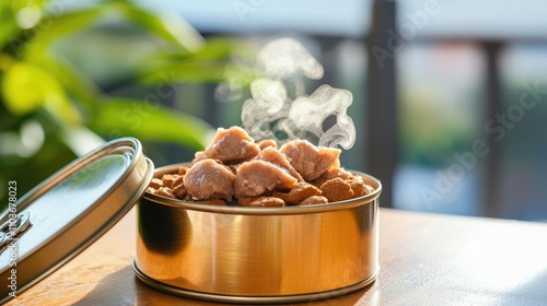 Freshly opened cat food can with rich textures, glistening meat chunks, and steam rising for a warm, delicious effect photo