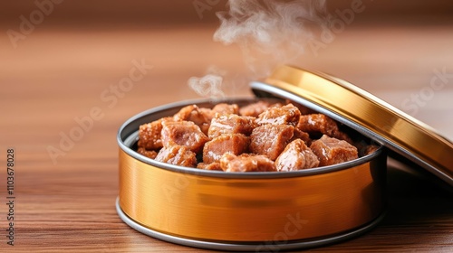 Freshly opened cat food can with rich textures, glistening meat chunks, and steam rising for a warm, delicious effect photo