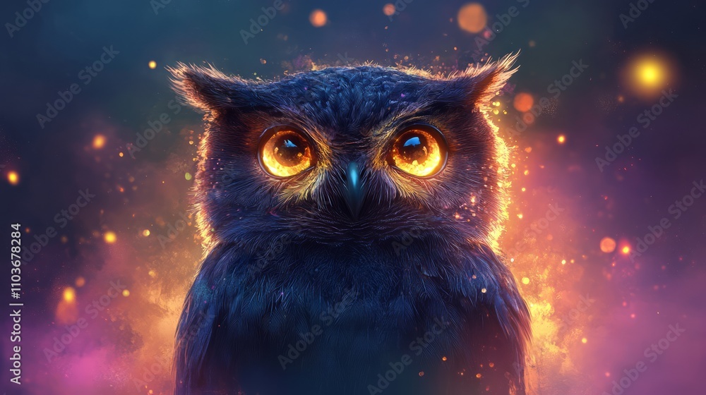 Fiery owl with glowing eyes, surrounded by sparks and fire. Fiery owl with glowing eyes, surrounded by sparks and fire.