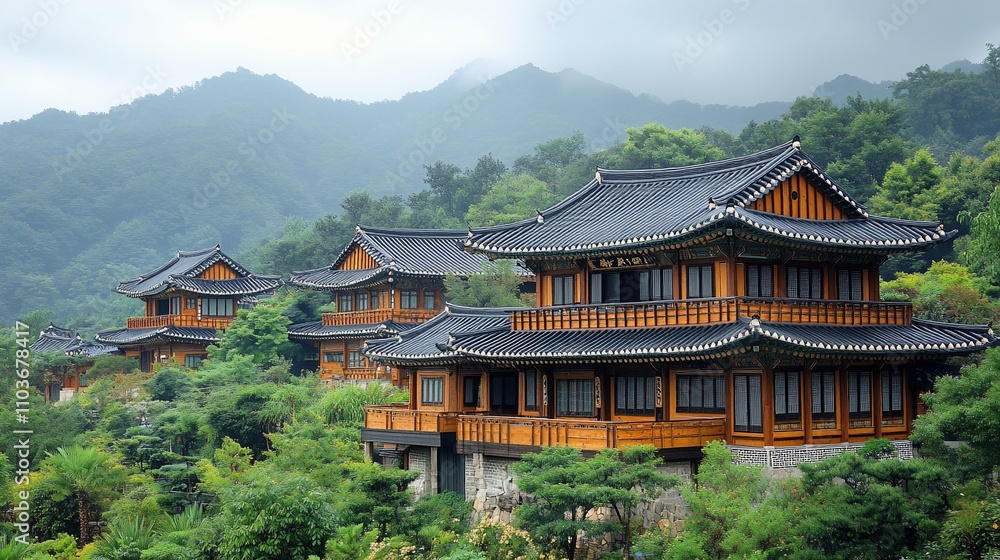 Here's a and keyword list for your stock photo, following your specifications.. Tranquil Asian houses nestled in lush green mountains. Here's a and keyword list for your stock photo, following your specifications.. Tranquil Asian houses nestled in lush green mountains.