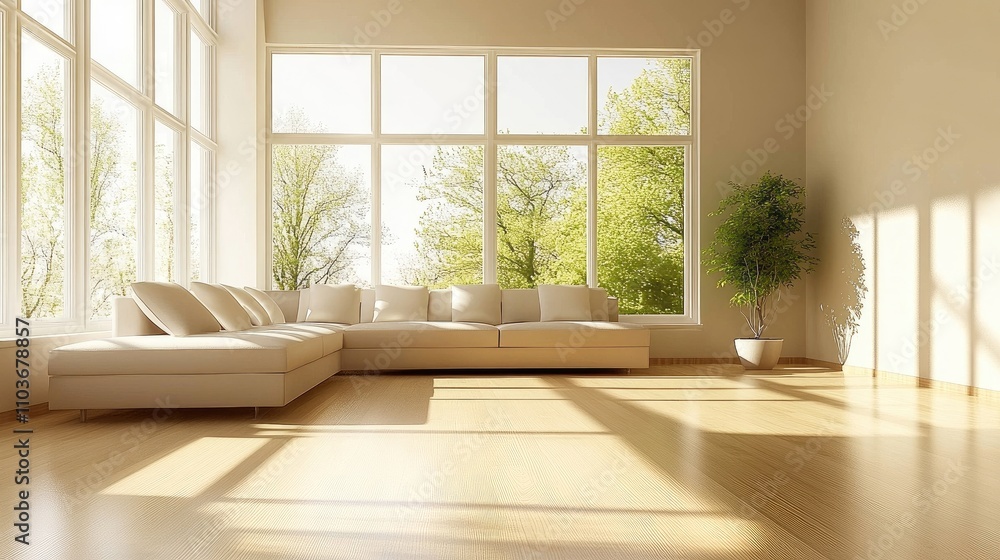 Spacious minimalist living room featuring a low-profile sectional sofa, light wood floors, and large windows allowing natural light to flood in Spacious minimalist living room featuring a low-profile sectional sofa, light wood floors, and large windows allowing natural light to flood in