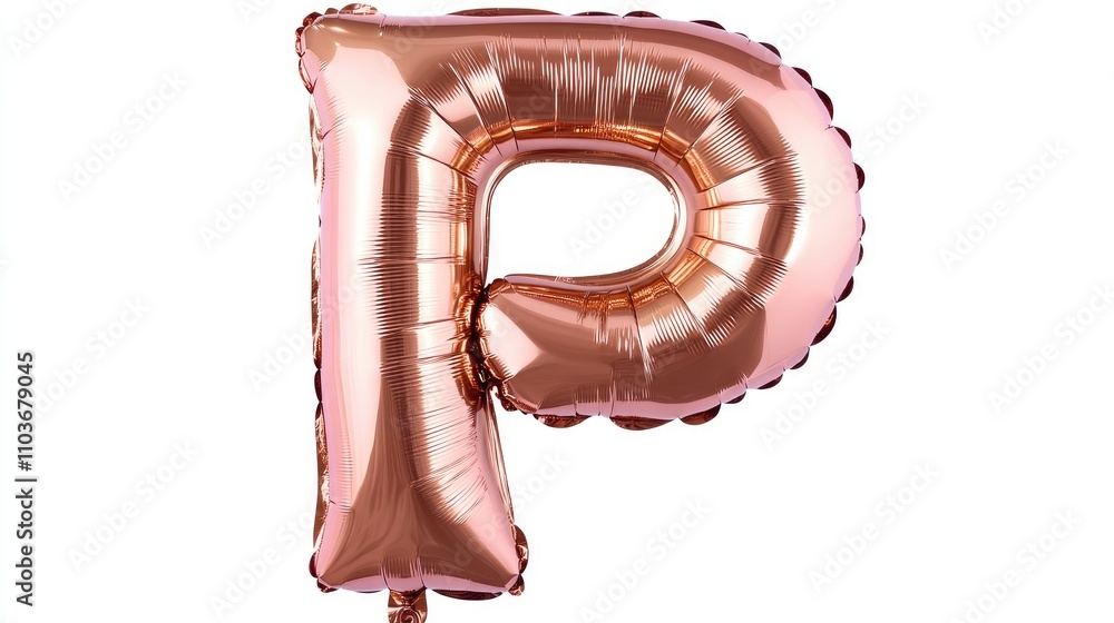 Rose gold foil inflatable helium balloon shaped like the letter P, featuring a shiny finish and part of an uppercase alphabet set, isolated on white. Rose gold foil inflatable helium balloon shaped like the letter P, featuring a shiny finish and part of an uppercase alphabet set, isolated on white.