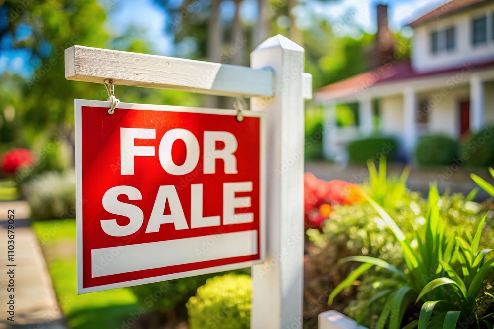 Macro Photography of a Red and White 'For Sale' Sign on a White Post Indicating Property Available for Purchase or Rent, Perfect for Real Estate Marketing and Listings Macro Photography of a Red and White 'For Sale' Sign on a White Post Indicating Property Available for Purchase or Rent, Perfect for Real Estate Marketing and Listings