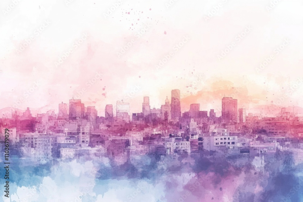 Obraz premium Urban sunrise city skyline watercolor art vibrant colors aesthetic view serenity