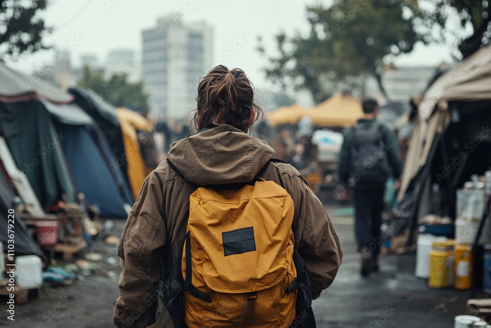 Person with yellow backpack walking through temporary tent settlement. Urban homeless encampment view from behind. Social documentary street scene showing humanitarian crisis in city Person with yellow backpack walking through temporary tent settlement. Urban homeless encampment view from behind. Social documentary street scene showing humanitarian crisis in city