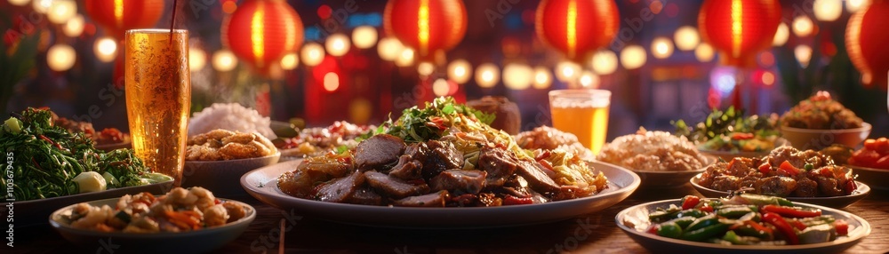 A vibrant feast featuring a variety of dishes, illuminated by festive lanterns, creating a warm and inviting atmosphere. A vibrant feast featuring a variety of dishes, illuminated by festive lanterns, creating a warm and inviting atmosphere.