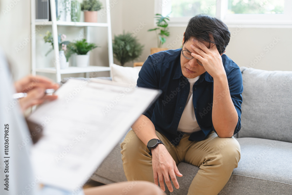 Man talking with mentor psychologist in therapy mental health anxiety session. Man talking with mentor psychologist in therapy mental health anxiety session.