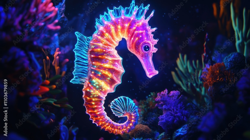 Neon Seahorse Glowing Brightly in a Dark Aquatic Scene Surrounded by Colorful Coral and Marine Life Neon Seahorse Glowing Brightly in a Dark Aquatic Scene Surrounded by Colorful Coral and Marine Life