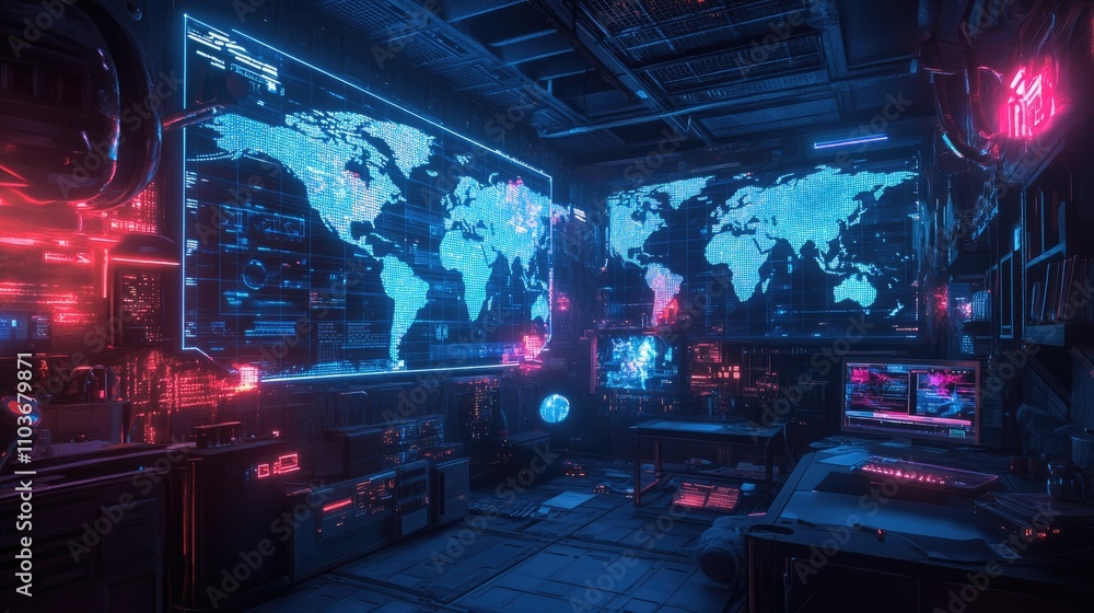 A network of holographic world maps with glowing connections, suspended in a dark tech lab; cyberpunk style, neon blue and magenta tones, ultra-detailed 